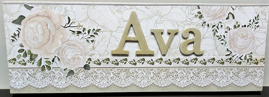 white roses, sage, lace, beautiful, white, handmade, unique, girl,  name plaque, delicate