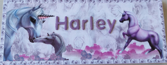 unicorn, horse, fantasy, purple name plaque, unique