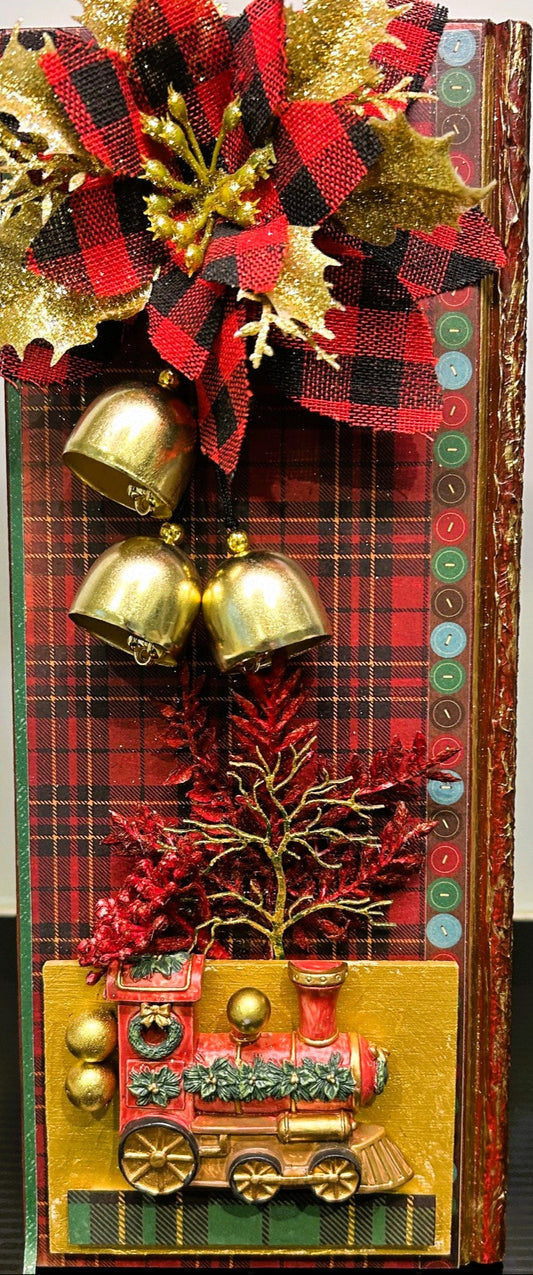 Antique train tartan background gold bells Christ,as plaque, wooden.